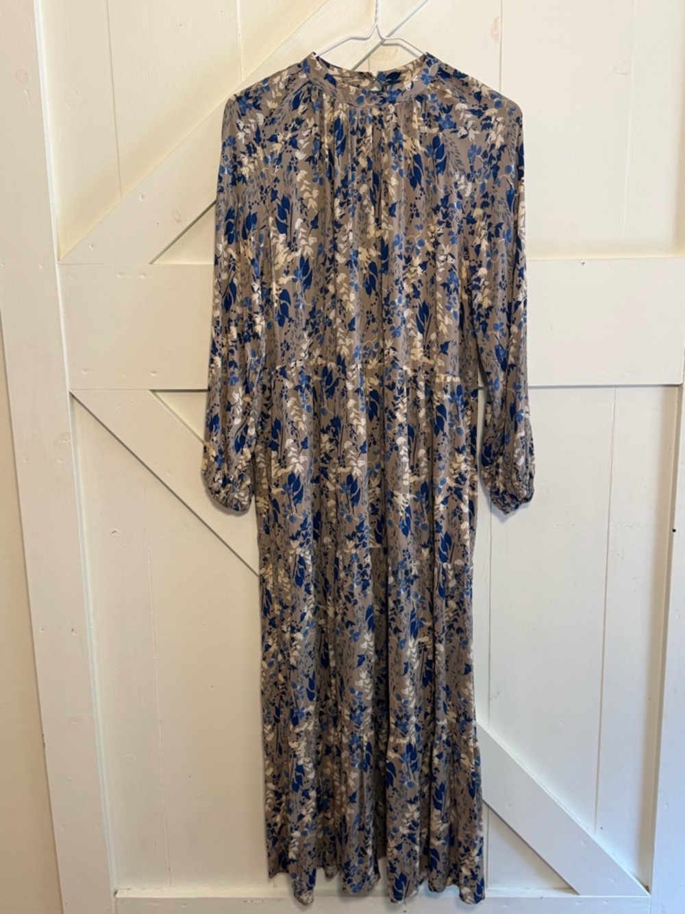 A New Day Floral Tiered Maxi Dress M Blue Taupe Pockets